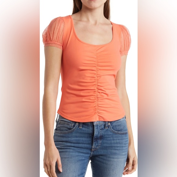 🥳HP🥳 Free People coral colored mix media top. Size XS - Picture 2 of 12